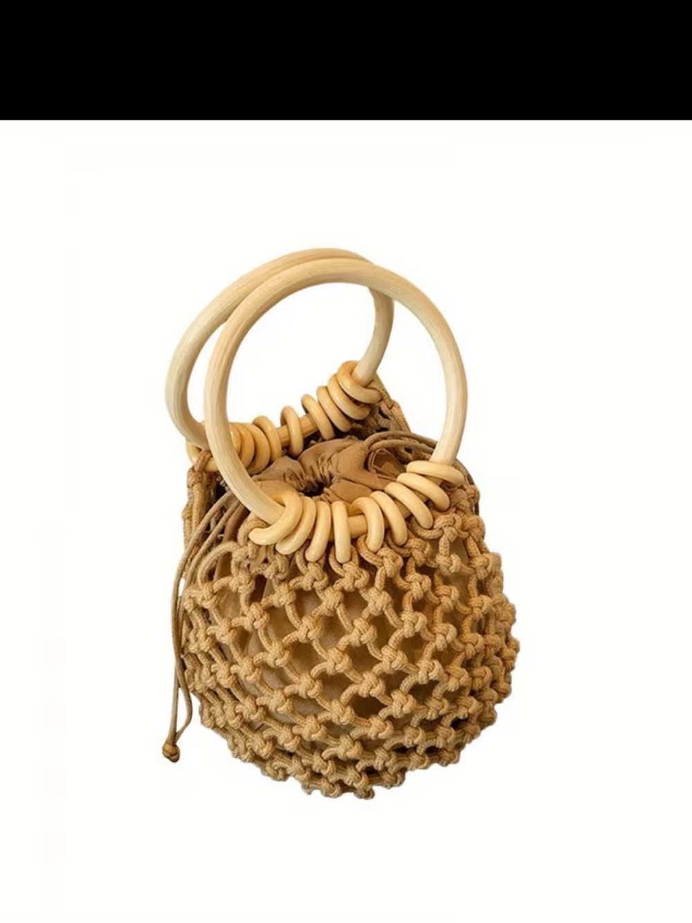 Affordable Fashion Finds Natural Beige Macramé Mini Bag with Wooden Rings - Picture 3 of 6